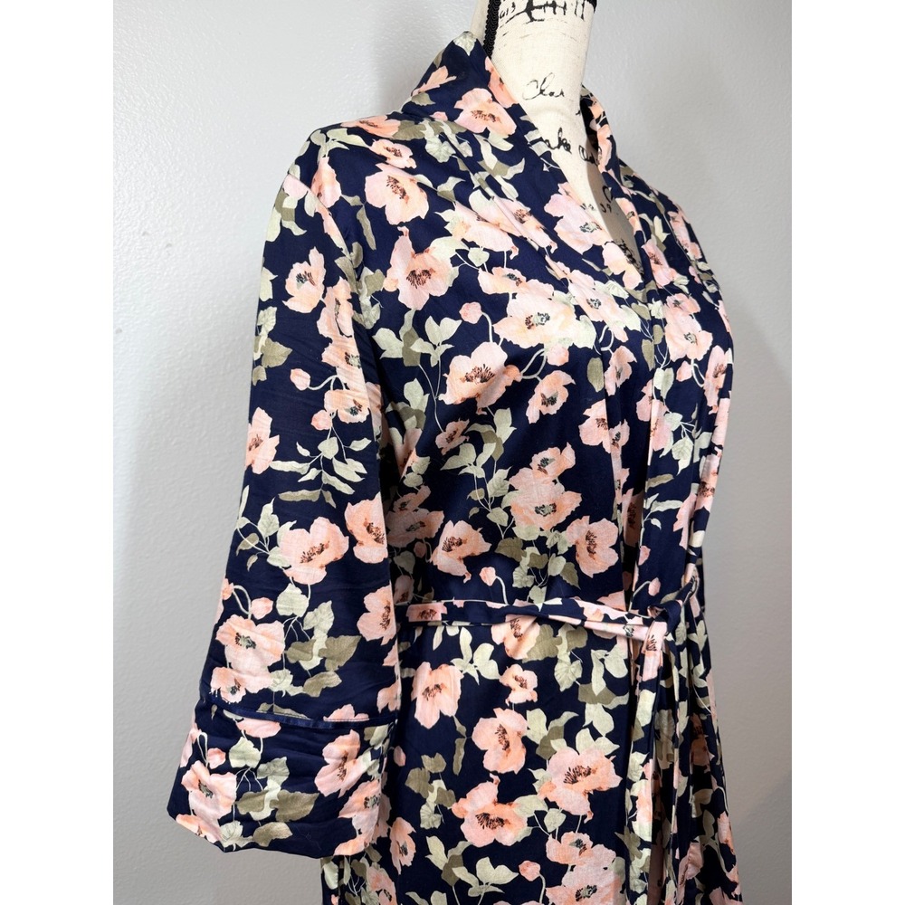 Papinelle Robe Women's‎ M Navy Floral Print Cotton Kimono Belted Midi Length